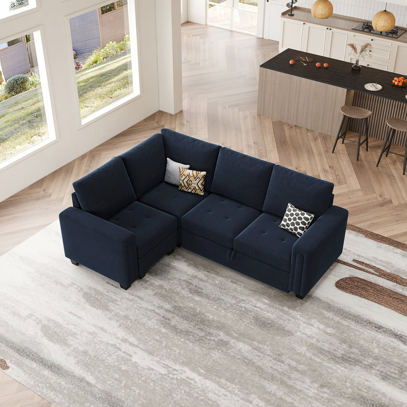 Canapé-lit modulaire en L Shavera, Velours bleu