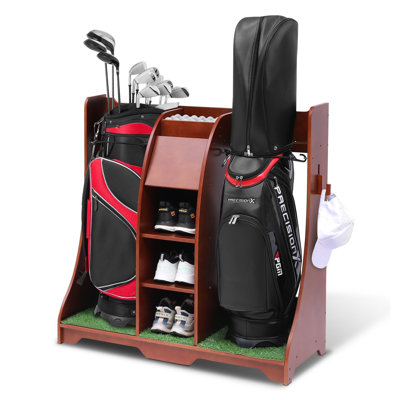 Support de golf autoportant réglable en bois avec accents de gazon et crochets amovibles, brun rougeâtre