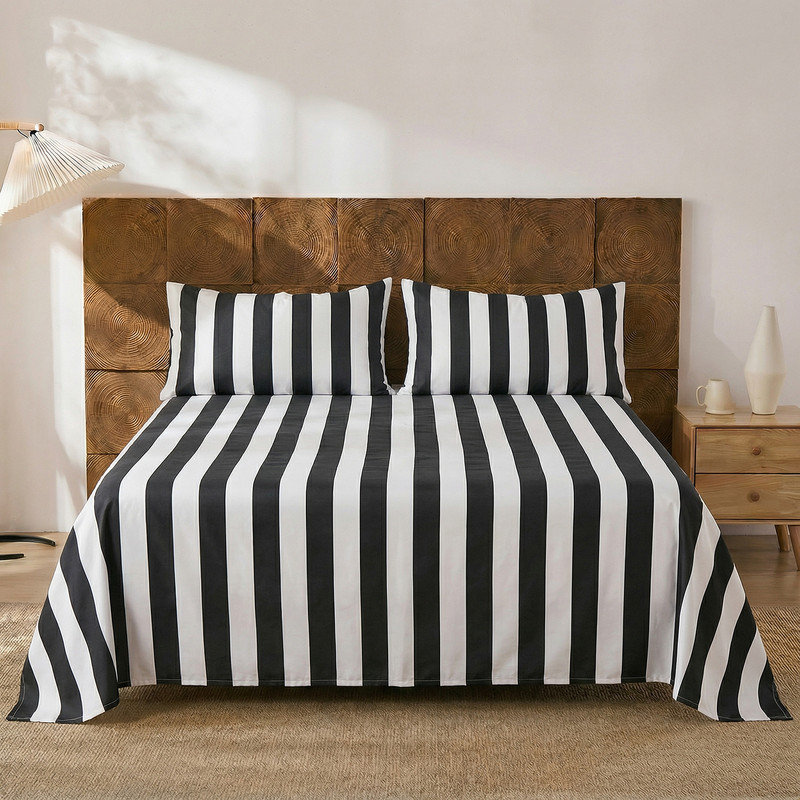 100% Cotton Sheet Set King Size - Black and White Stripes Bedding, Soft Breathable Percale Weave, Wide Stripe Deep Pocket Sheet 17.5", Luxury Linen Like, 4-Piece All Season Bedding
