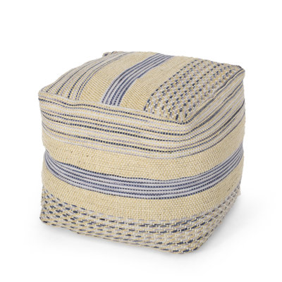 Western Handcrafted Wool Blend Pouf - Natural Blue Accent Ottoman, Decorative Footrest Stool with 200 lbs Capacity, Fully Assembled