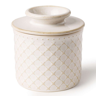 Pot à beurre en grès avec motif en relief, cloche à beurre style français 5 oz avec ligne d'eau, va au micro-ondes et au lave-vaisselle