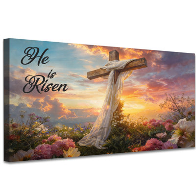 Grandes impressions sur toile de Pâques, il est ressuscité, peinture, croix et fleurs printanières, encadré, décoration murale chrétienne, affiche religieuse inspirante pour la décoration intérieure, prêt à accrocher 30 po x 60 po