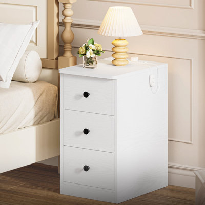 Modern Narrow Nightstand With Charging Station - 3-Drawer Storage