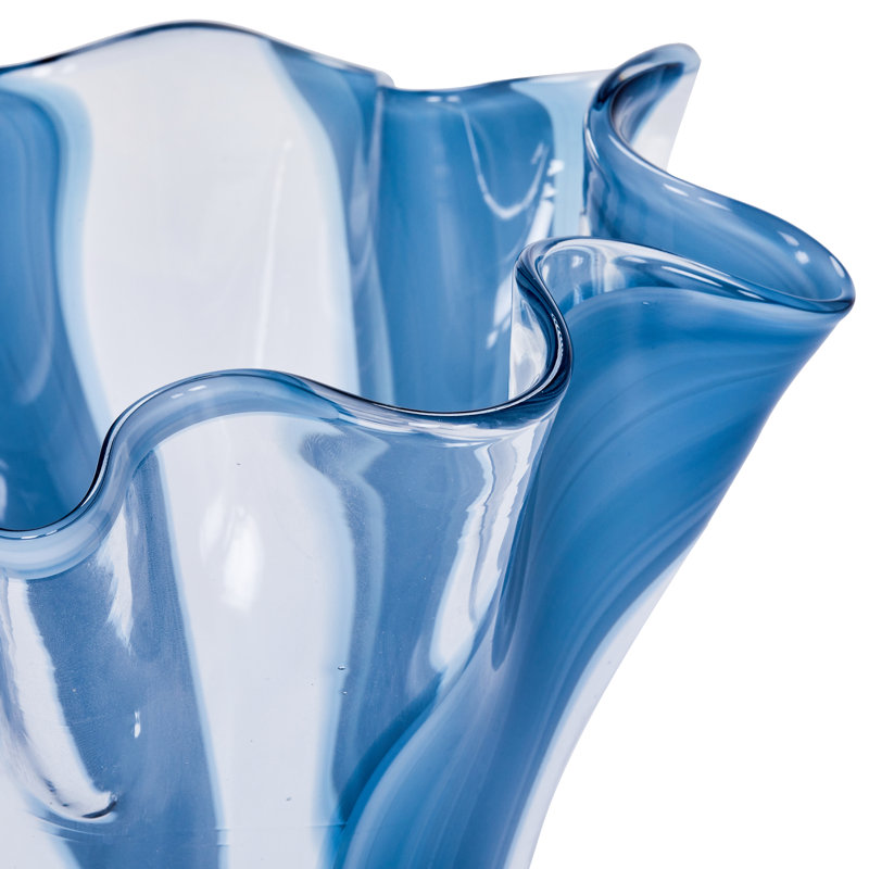 Ensemble de 2 vases de table en verre soufflé à la main, bord ondulé et motif rayé, bleu, H 12 po x P 9 po, Bleu