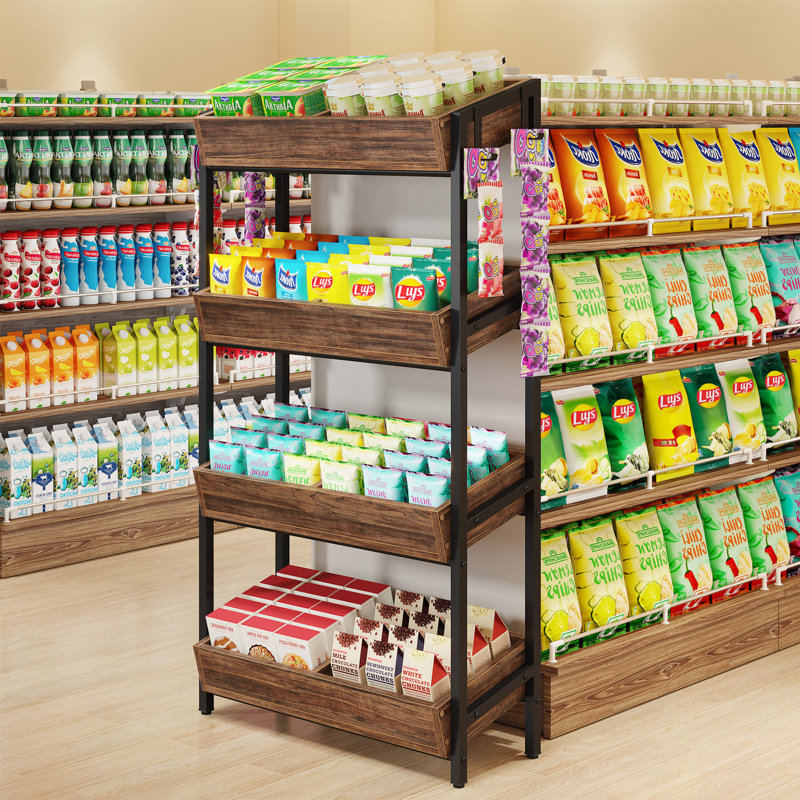 Retail Display Stand, Snack Rack With Storage Shelves, Brown/Black