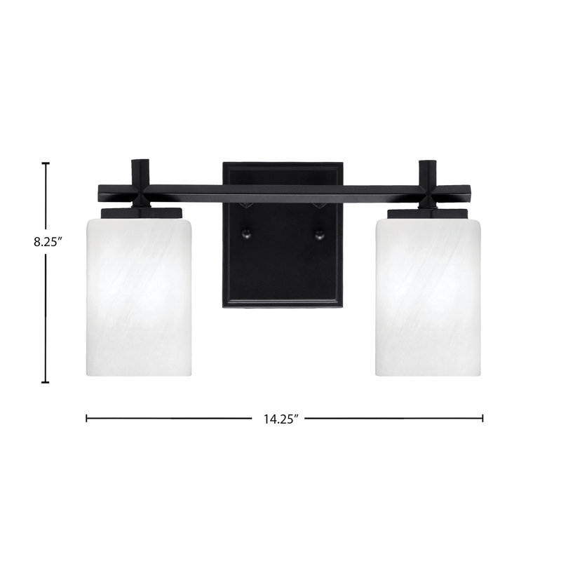 Bar de salle de bain Finola illustré avec verre en marbre blanc, Noir mat, 2 lumières, H 8,25 po x l 14,25 po x P 6,25 po