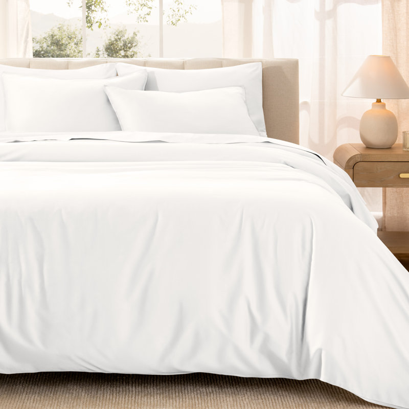 400 Thread Count Organic Cotton Sateen Duvet Cover Set, White, Queen Duvet Cover + 2 Standard Shams