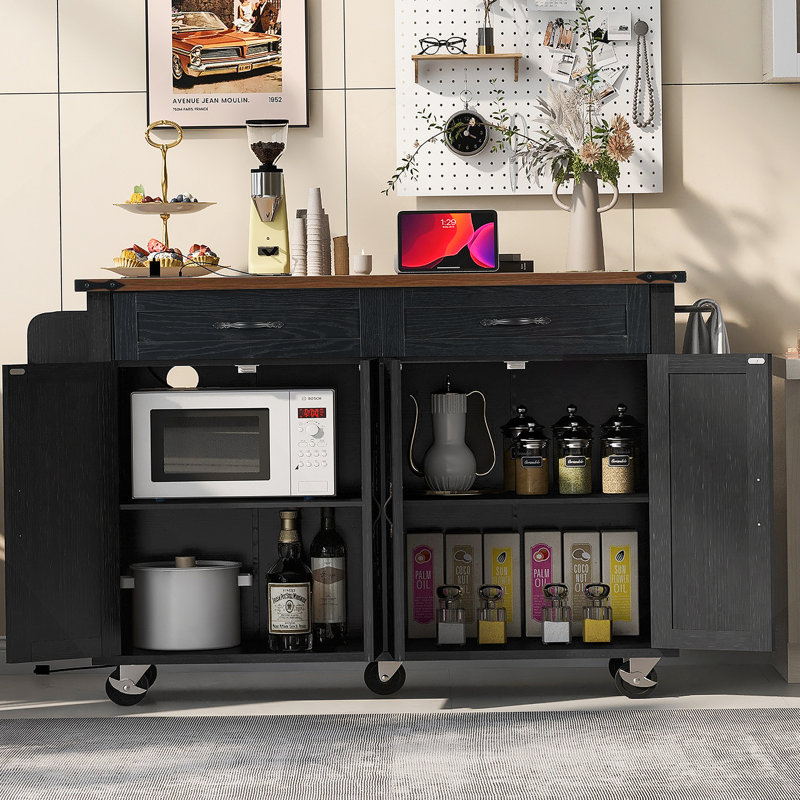53.5''Farmhouse Kitchen Island With Power Outlet, Kitchen Storage Island With Drop Leaf, Spice Rack And Drawer, Rolling Kitchen Cart On Wheels, For Home, Kitchen And Dining Room, Black