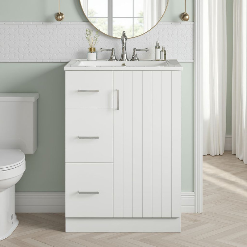 24" Free-Standing Bathroom Vanity Set With Ceramic Sink & Storage Cabinet, 2 Drawers & Shelf & 1 Soft Closing Door, Silver