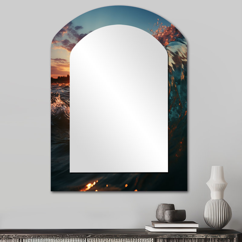 «Sunshine Through The Breaking Waves» - miroir décoratif asymétrique Waves, miroir mural Red Arch, impression sur métal