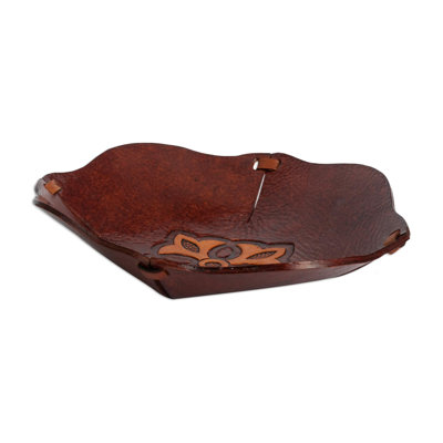 Novica Handmade Mahogany Flower Tooled Leather Catchall