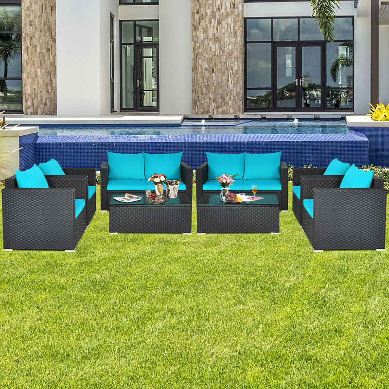 8 pièces Ensemble de conversation pour l'extérieur en rotin avec coussins turquoise, Bleu