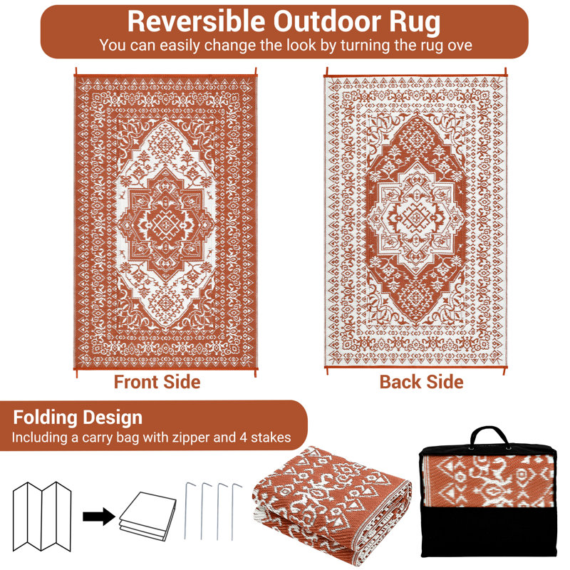 Outdoor Rug Waterproof Reversible Plastic Straw Rug Outdoor Furniture for Patio Camping Balcony Deck Backyard, Orange
