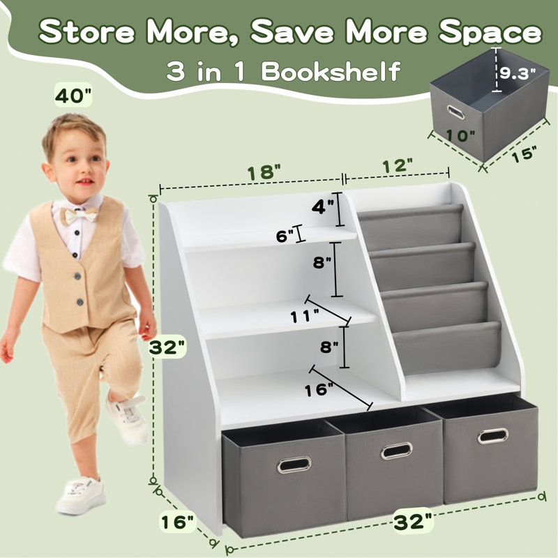 Organisateur de rangement pour livres et jouets pour enfants, Blanc