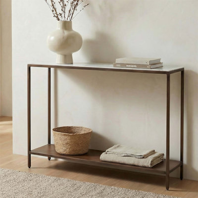 Console avec plateau en marbre massif et structure en fer, élégance contemporaine avec finition cuivre antique
