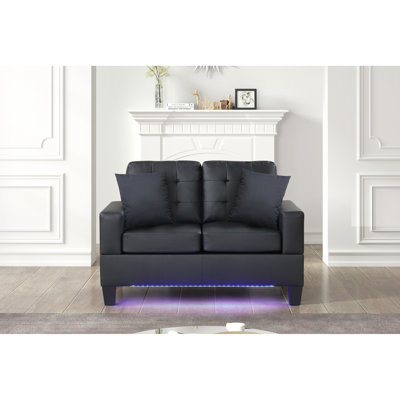 Tissu noir l 55,5 po avec lumières à DEL, 2 sièges, coussins, siège de 20 po de hauteur, 21,5 po de profondeur, 43,5 po de largeur, 26,5 po avec accoudoirs et 18 po de dossier, 5,5 po de hauteur, siège fonctionnel
