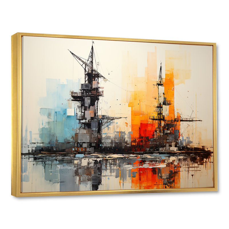 Abstrait rouge et bleu «Oil Rigs Fields II» sur toile, H 16 po x l 32 po x P 1 po, Cadre flottant doré