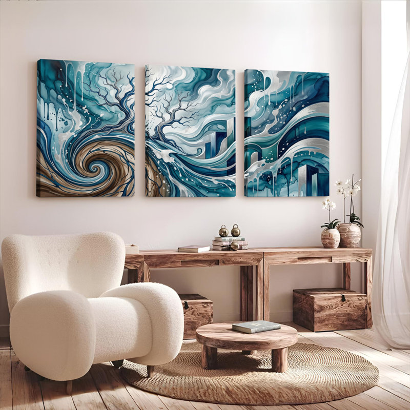 Ensemble de 3 tableaux abstraits sur toile représentant des vagues et un arbre, 2030