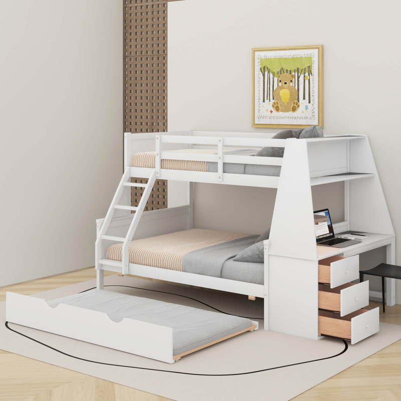 Lit simple superposé au dessus d'un lit double avec lit gigogne et bureau intégré, trois tiroirs de rangement et une tablette