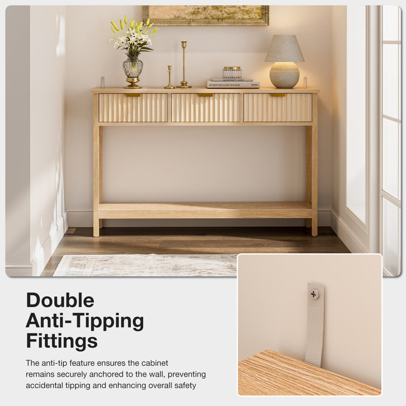 Natural Oak Console Table with Fluted Drawers and Shelf