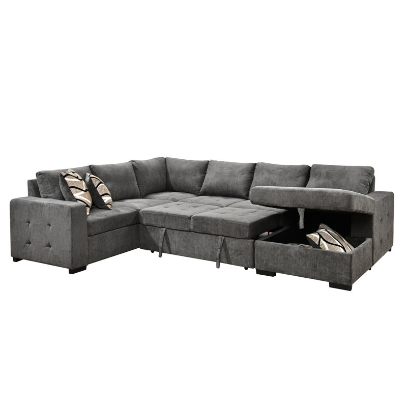 123" Oversized Sectional Sleepr Sofa U Shaped Sectional Sofa With Storage Chaise 4 Throw Pillows For Living Room, Gray