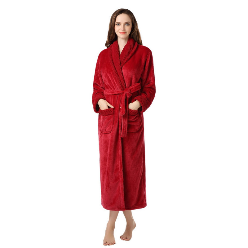 Alwyn Home Longue robe de chambre en molleton chaud et doux pour femme, TG, Rouge