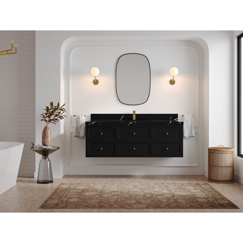 Roswell Floating 60'' Single Bathroom Vanity with Quartz Top, 2 IN Calacatta Black