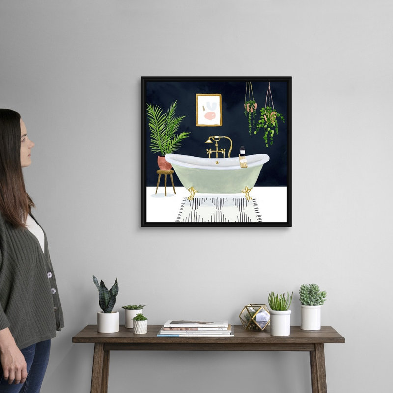 Boho Bath I - reproduction d'art sur toile, Cadre flottant noir, H 25,7 po x l 25,7 po x P 1,75 po