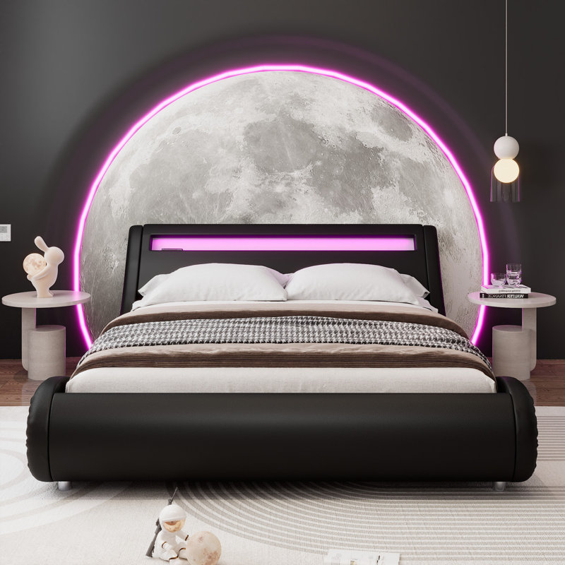 LED Platform Bed Frame With Adjustable Headboard, Black, Queen