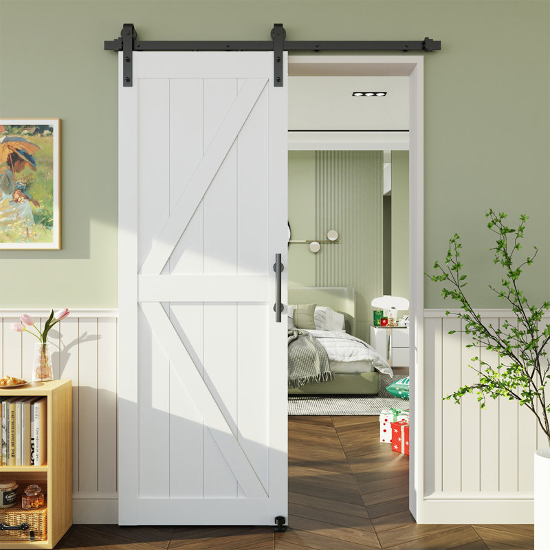 Porte de grange en panneau de fibres à densité moyenne avec treillis blanc et quincaillerie complète, 34 po x 84 po