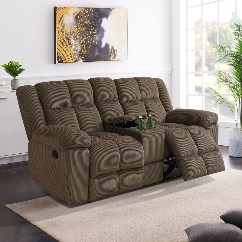 Ensemble de canapé inclinable manuel 2 pièces avec porte-gobelets et table basse - Velours côtelé moelleux, Brun