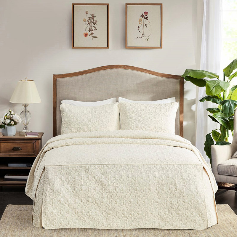 Ensemble de couvre-lit 3 pièces pour grand lit - plissé en coin, microfibre douce, 100%, crème plissée, rembourrage, qualité