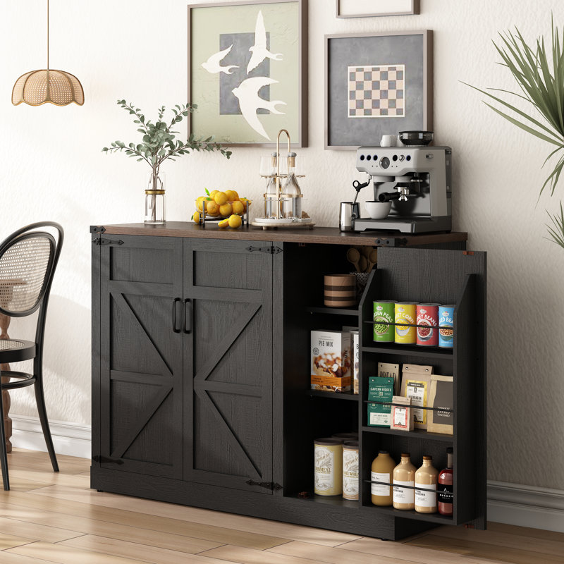 Farmhouse Buffet Sideboard Cabinet With Barn Doors, 47.2" Kitchen Storage Cabinet With Adjustable Shelves, Black