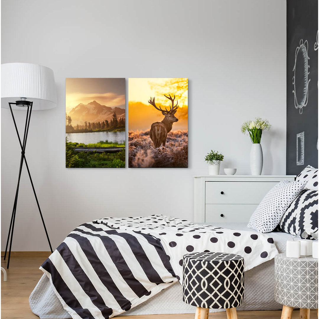 2-tlg. Leinwandbilder-Set - Fotografie „Alaska Nature Deer Morning Dew Sunrise Mountains Lake”