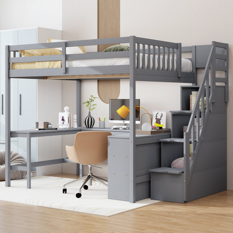 Full Size Loft Bed With Built-In Desk And Storage Staircase, Gray