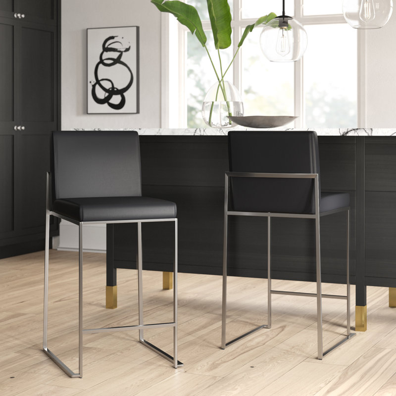 Tabouret de bar et de comptoir à dossier haut Ernestine, Acier Inoxydable, Similicuir noir