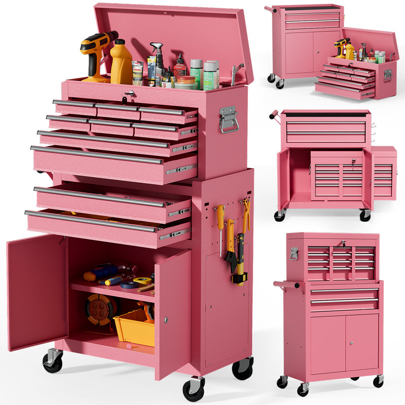 10-Drawers Rolling Tool Chest, 2 in 1 Lockable Tool Box with Drawers, High-Capacity Mechanic Tool Organizer, Adjustable Shelf & Detachable Top Cabinet for Workshop Garage