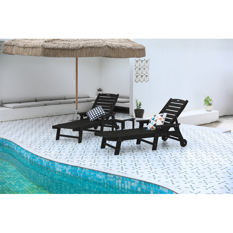 Lounge Chair With Side Table, 3-Piece Oversized Chaise Lounge Chair Set With Wood Texture,All Weather Patio Lounge Chair With 5 Positions,Wheels&Cup Holder(Include 2Lounge Chairs And 1Table)