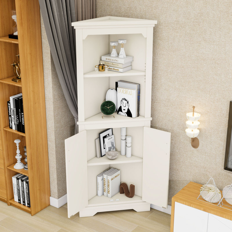Tall Corner Bathroom Storage Cabinet with Adjustable Shelves and Doors, White