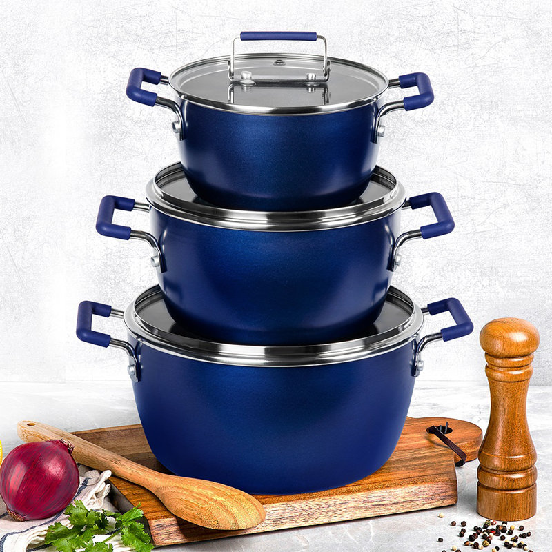 Granitestone 6 Piece Stackable Nonstick Nesting Pots with Lids, Dishwasher Safe, Blue