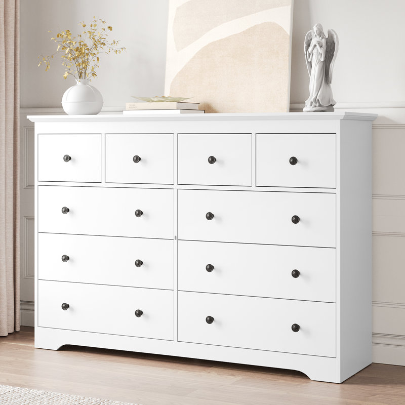 10 Drawers Dresser, 55" W Double Dresser For Bedroom, White, 10