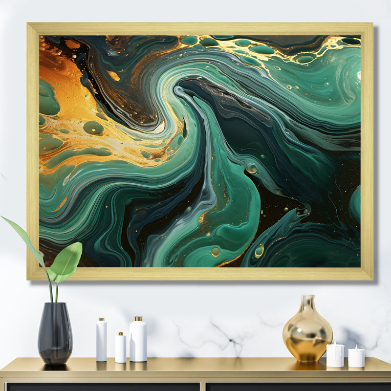 Abstrait marbre vert et doré II - décoration murale en marbre, H 30 po x l 40 po x P 1,5 po, Cadre doré à coins fermés