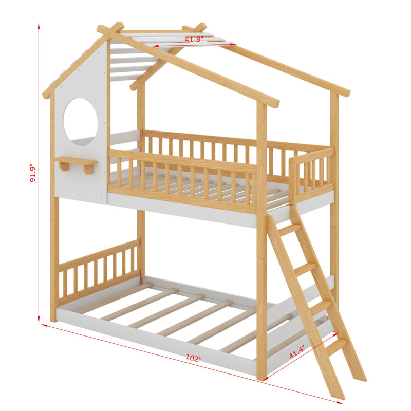 Twin Over Twin Bunk Bed Wood Bed With Roof, Window, Ladder
