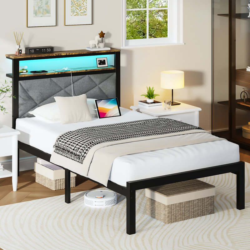 Modern RGB LED Lights Upholstered Platform Bed Frame with Wood Storage Headboard & USB Charging Ports, Noiseless Low Profile Footboard with Open Shelving. Twin