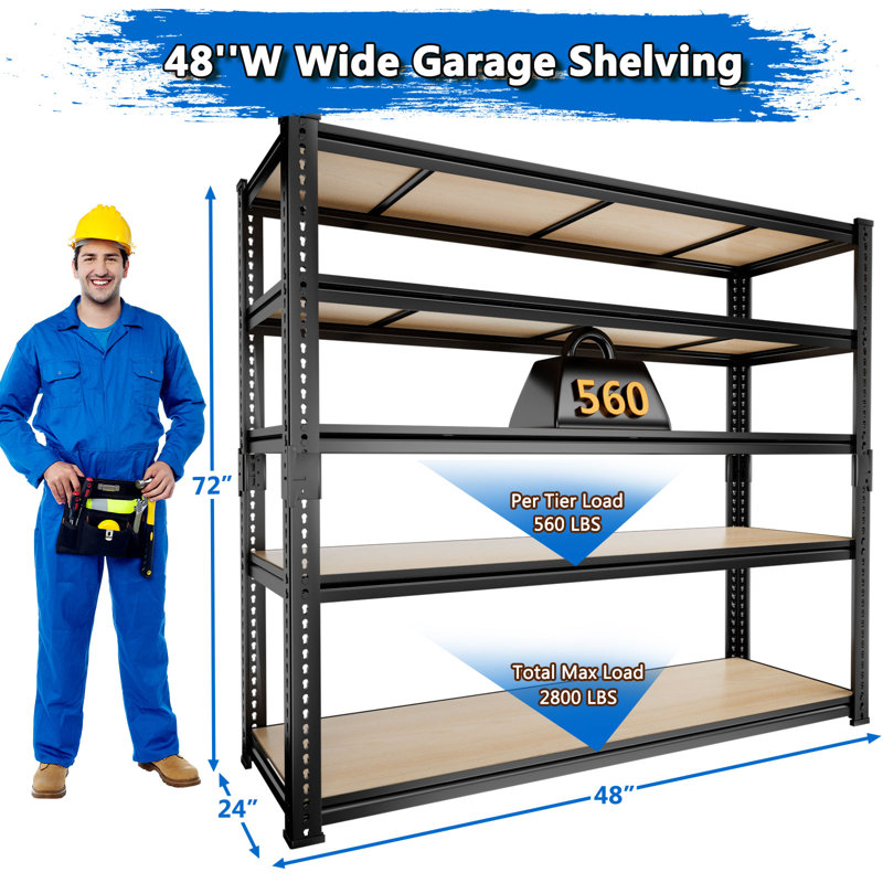 5-tier Mdf Adjustable Storage Shelves , Heavy Duty Garage Storage Shelving Unit, Metal Shelves, 72" H x 48" W x 24" D