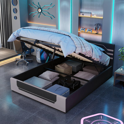 Cadre de lit pour grand lit avec rangement hydraulique, lit plateforme Cyberpunk Esports pour joueurs, noir et gris