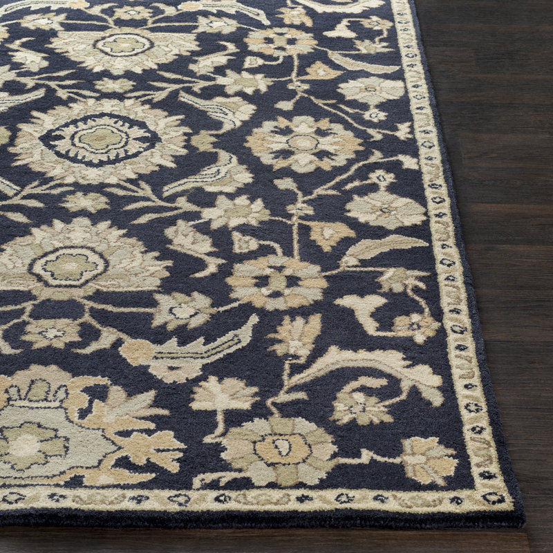 Tapis oriental en laine touffeté à la main à motif encre / beige / écume de mer / brun clair Arden, Demi-cercle : 2 pi x 4 pi