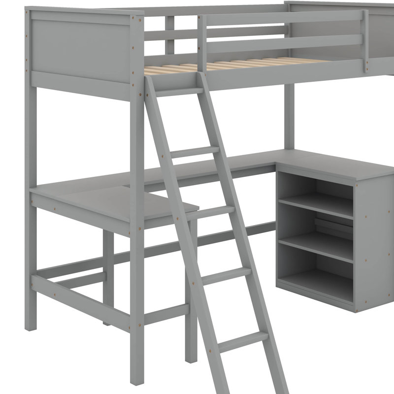 Lit mezzanine simple avec tablettes et bureau, Gris