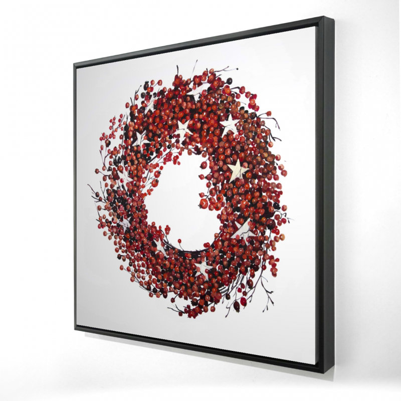Couronne de baies rouges sur toile | Décoration de salon botanique | Cadre rouge