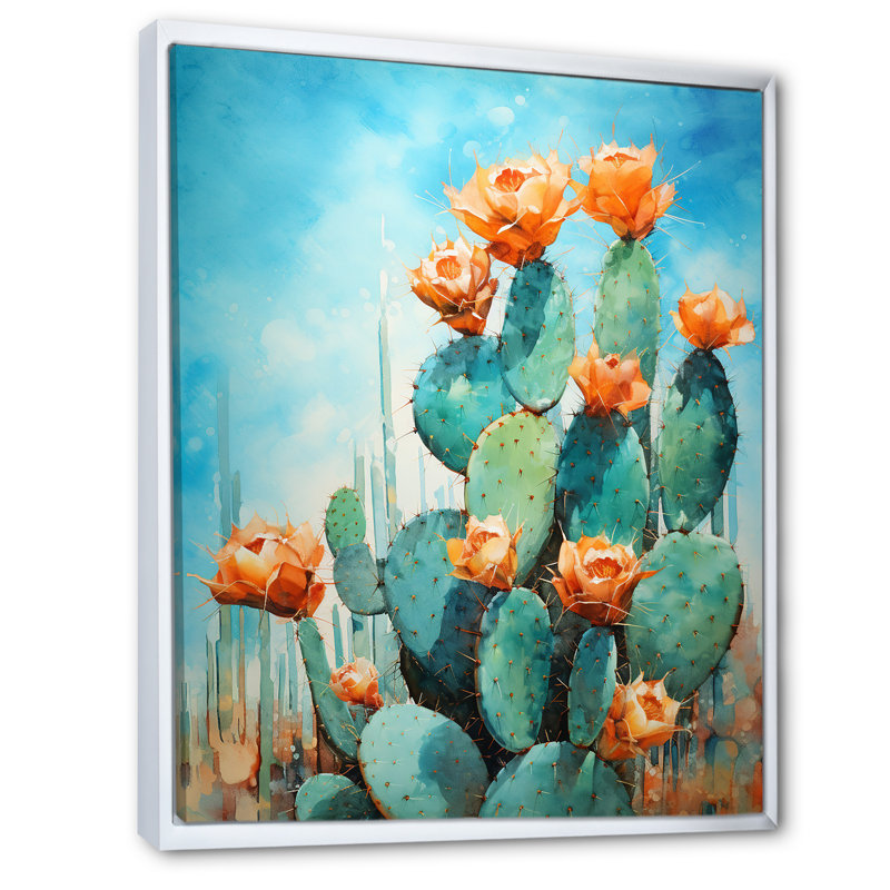 Cactus bleu et bronze brossé I - impressions sur toile de cactus, H 20 po x l 12 po x P 1 po, Cadre flottant blanc